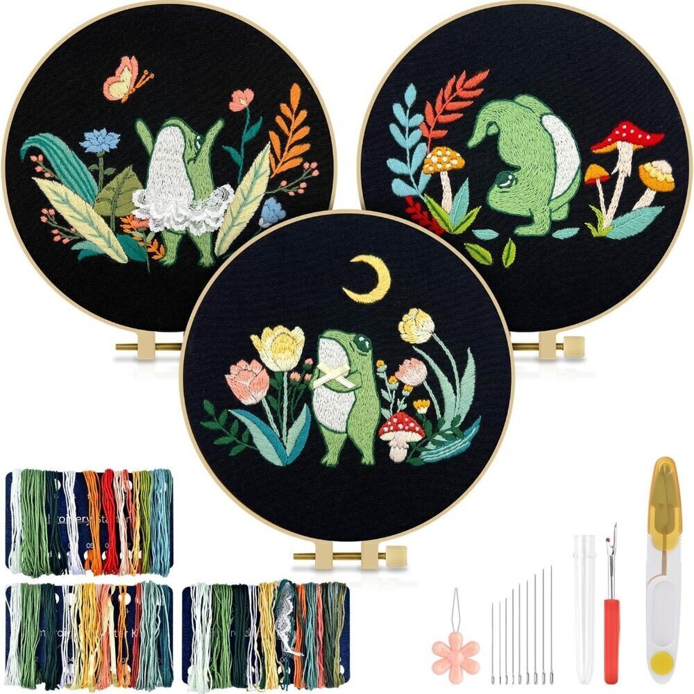3 Sets Embroidery Kit for Adults, Frog Embroidery Practice Kit for Beginners